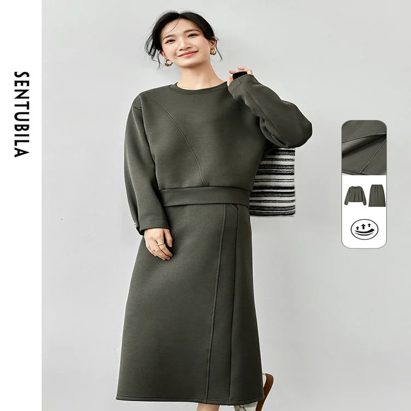 SENTUBILA Women Knit Skirt Set Autumn Casual O Neck Sweatershirt Straight Slithem Long Solid 2 Piece 143Z56270 250827