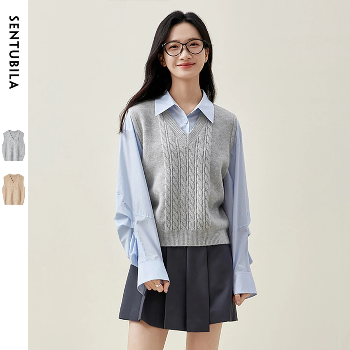 SENTUBILA Knitted Sweater Vest for Women Winter V Neck Sleeveless Solid Preppy Style Short Tops Female 2024 W44J58704 250823