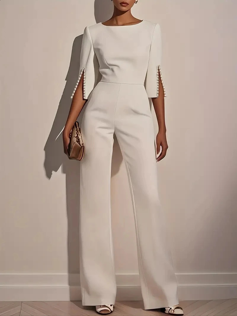 Womens Jumpsuit Casual Solid Color 3/4 Length Sleeve Straight Round Neck Beaded High Waist Daily Going out Regular Fit Black Wh 250827
