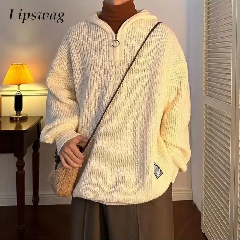 Fashionable Mens Solid Color Sweater Hoodies Vintage Zipper Knit Hooded Pullover Tops For Mens Autumn Casual Knitted Hoodie 250828