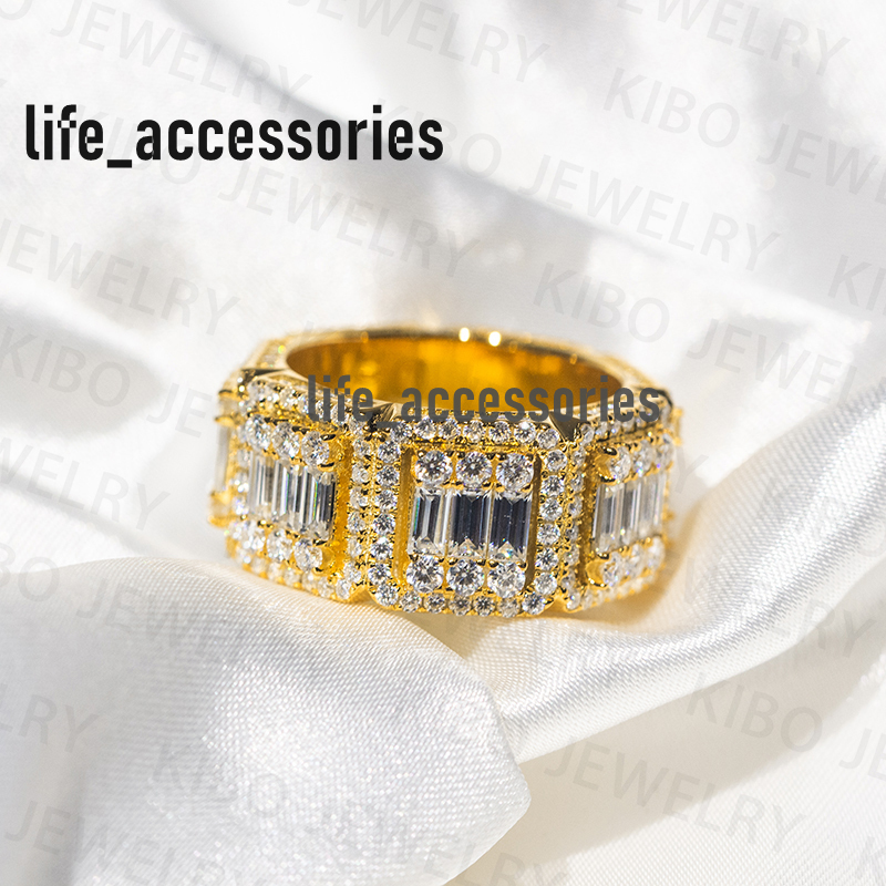 Luxury Iced Out Yellow Gold Plated Ring Hip Hop Rapper VVS D Colour Baguette Cut Moissanite Iced Out for Mens Clustered Rings