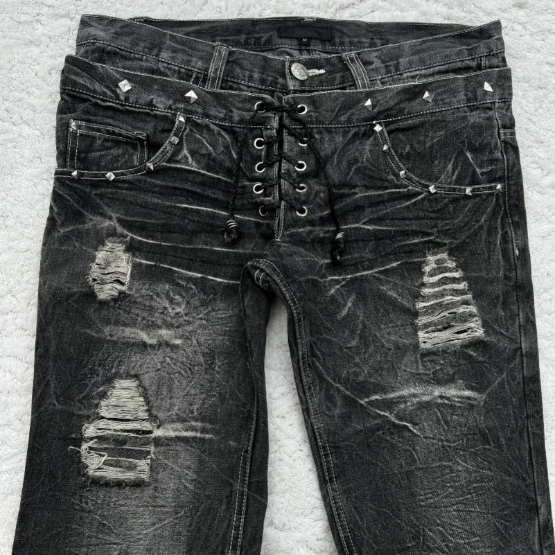 retro double waisted lace up micro flared women pants streetwear Y2K washed highquality n sense men and jeans 250828
