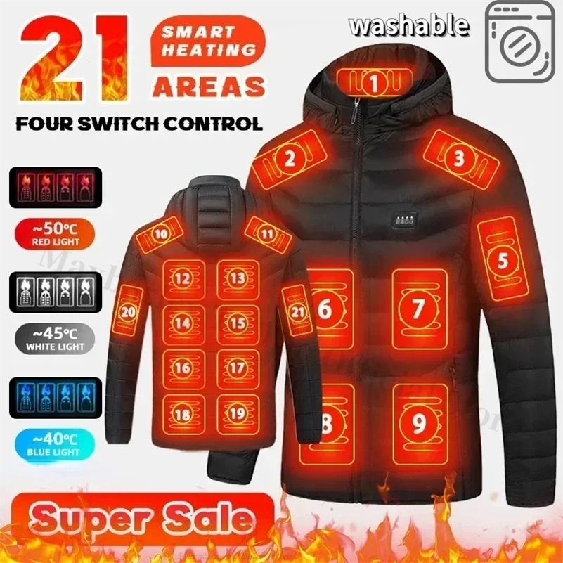 21 Areas Heated Jacket Mens USB Electric Smart Hooded Coat Selfheating Clothes Men Casual Ski Coldproof Thermal Padded Jacket 250827