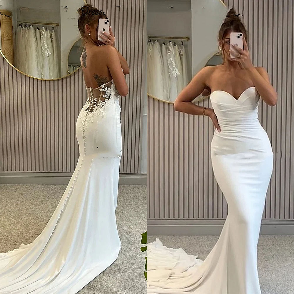 Elegant Simple Wedding Dresses Sweetheart Backless Floor-Length Mermaid Brides Dress Satin Women Custom Made Color/Size