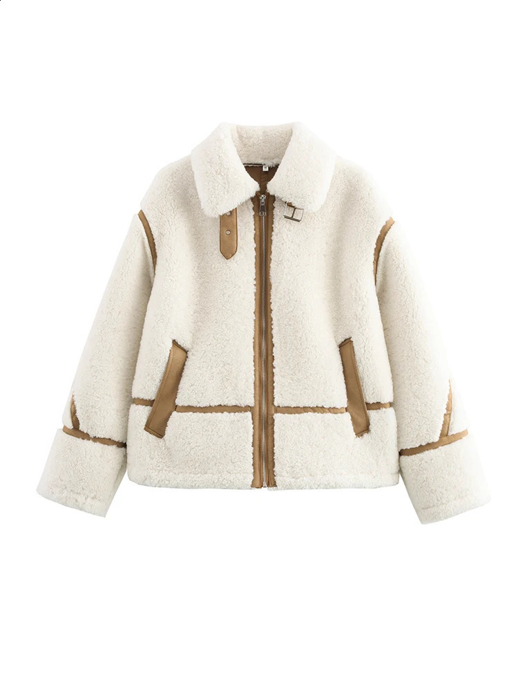 2024 Autumn/Winter Women Spliced Lamb Wool One Coat European And American Style Lapel Loose Jacket Top250827