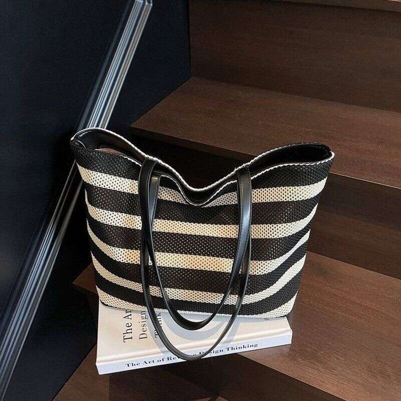 2025 Black And White Striped Tote Woven Lare Capacity New Sinle Shoulder Women's Lazy Lihtweiht Vacation Shoppin
