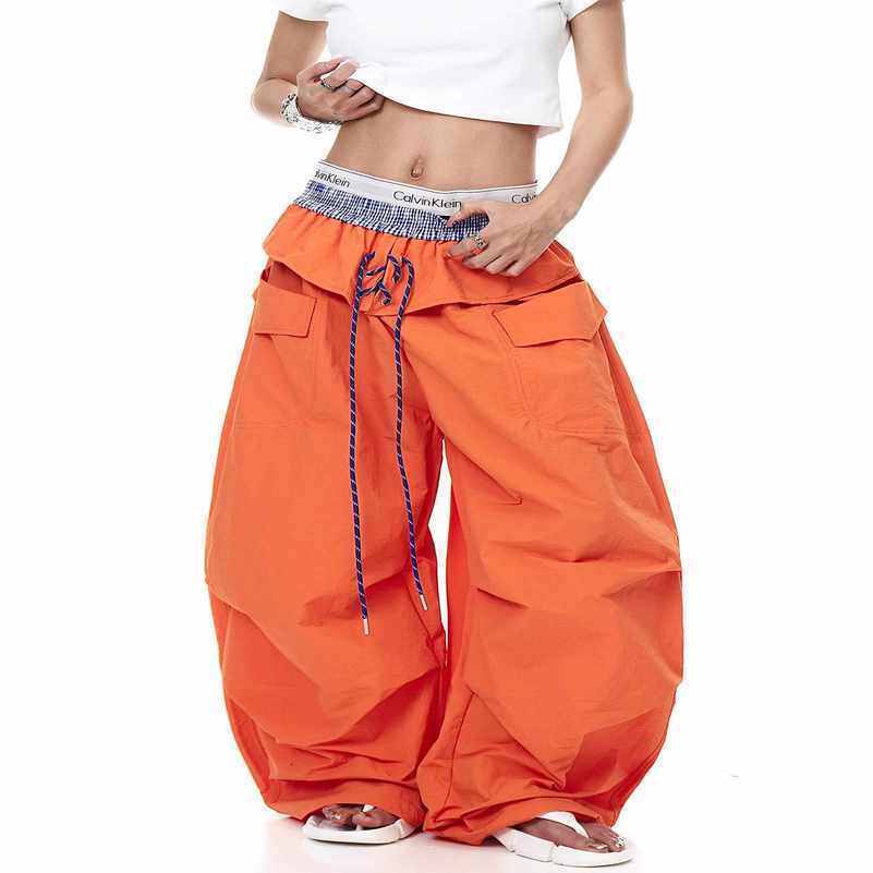 Women Orange Baggy Y2k Cargo Parachute Pants Oversize Patchwork Sweatpants Harajuku Japanese 2000s Style Vintage Trousers 250828