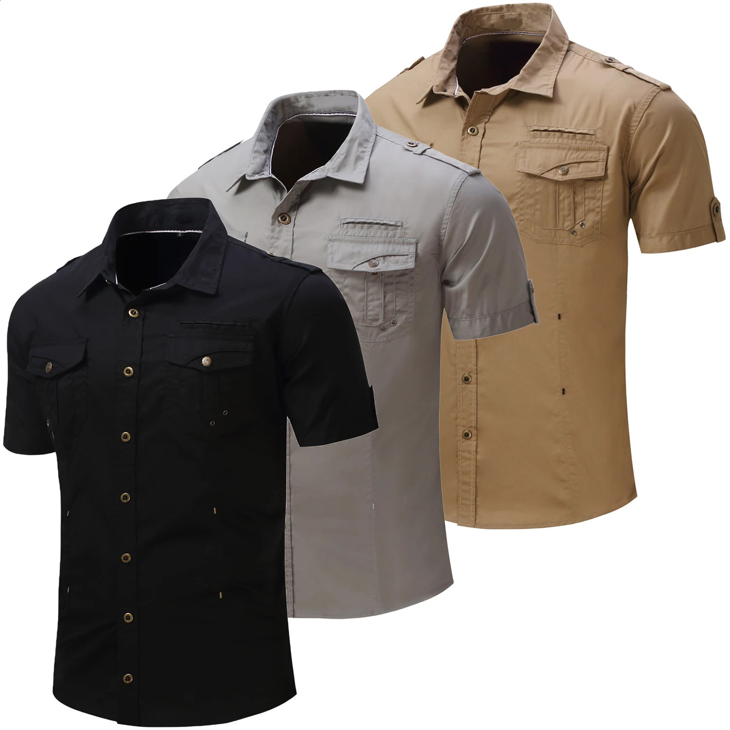 2025 Fashion Mens Short Sleeve Safari Shirt Tops Summer 100 Cotton Solid Color Casual Cargo Work Shirts with Pocket 250828