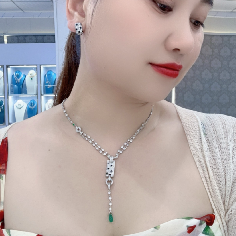 Designer Collection Style Stud Earrings Necklace Women Inlay Cubic Zircon Diamond Black Enamel Patches Leopard Print Party Jewelry Sets
