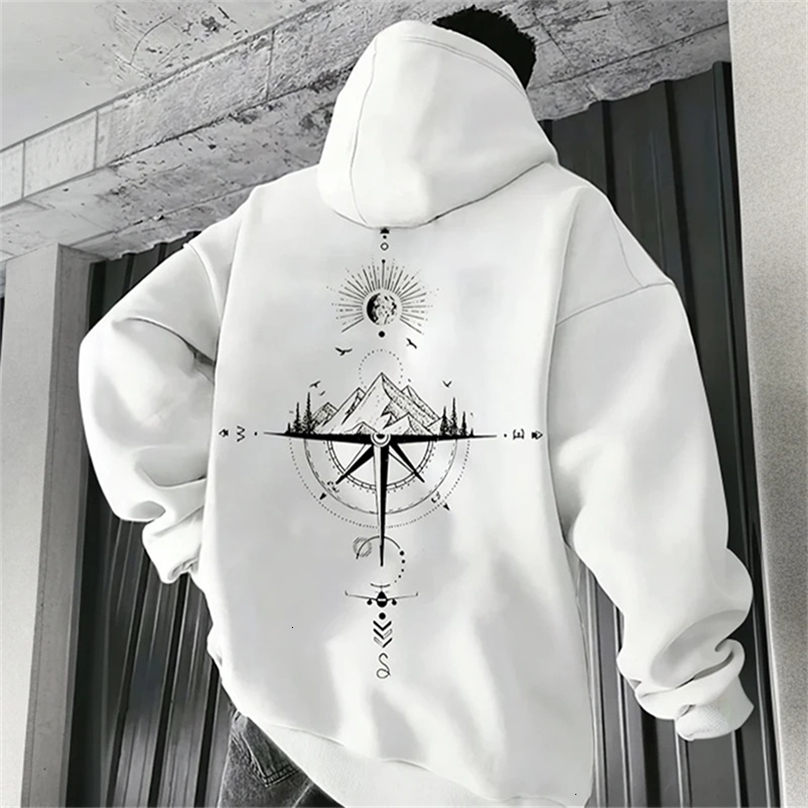 Vintage Compass Print Hoodies for Men High Quality Hooded Long Sleeve Pullover All Season Daily Casual Sports Tops Mens Clothes250827ww