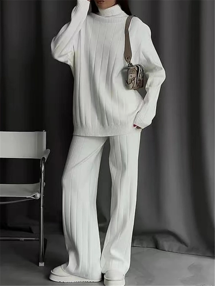 REALEFT Autumn Winter 2 Pieces White Womens Sets Knitted Tracksuit Turtleneck Sweater and Straight Pant Suits 250827