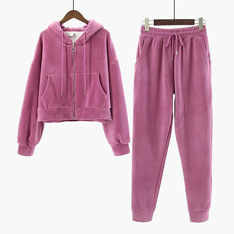 Golden Velvet Sweater Sportswear Set for Womens Autumn and Winter Small stature Plush Casual Two Piece 250828