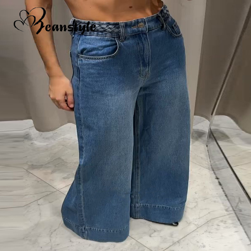 Braided Twist Denim Woman Wide Leg Trousers High Street Low Waist Loose Jeans Female Summer Fashion Mopping Pants 250828