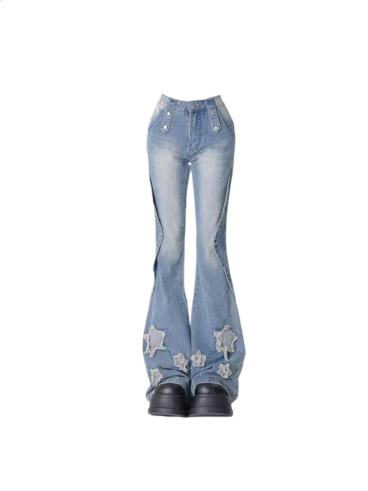 Women Blue Y2k Star Flare Jeans Vintage Cowboy Pants Harajuku Denim Trousers 90s Aesthetic Streetwear 2000s Trashy Clothes 250827