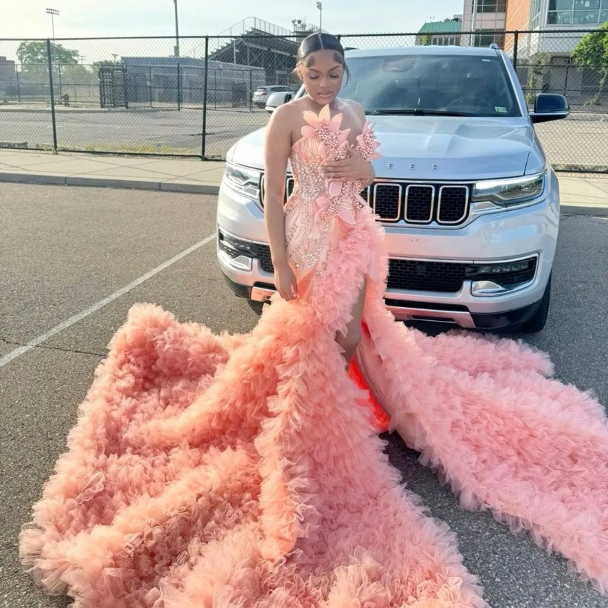 Sexy Pink Mermaid Prom Dresses For Black Girls Beadings Pearls Sweetheart Evening Gowns With Front Split ASO EBI Formal Reception Dress BC20810
