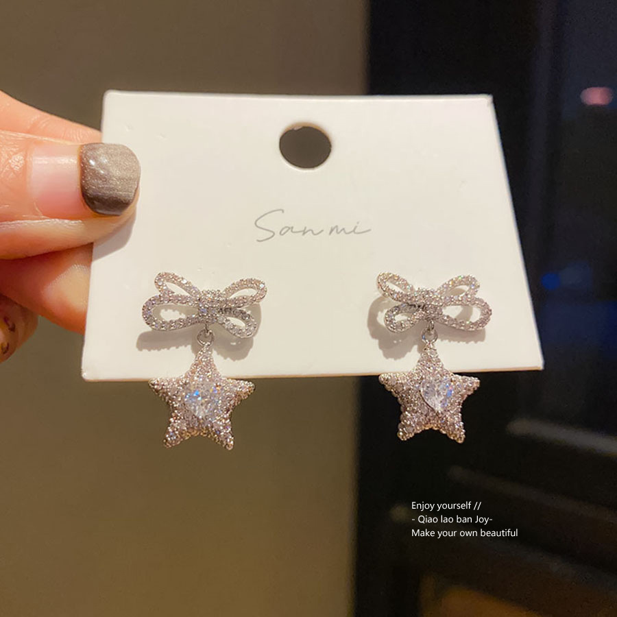 Silver - Toned Bow & Star Drop Earrings, CZ - Encrusted Sparkle, Sweet - Glam Vibe for Daily or Party Looks, Charming Jewelry Accessory