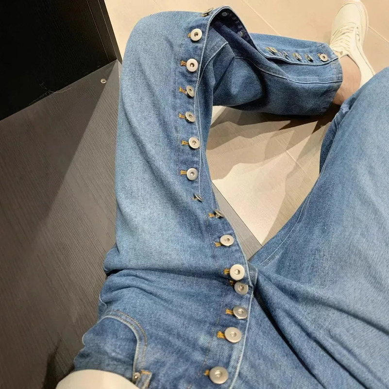 American high street breasted n straight jeans womens autumn and winter waist fashion loose slim pants 250828