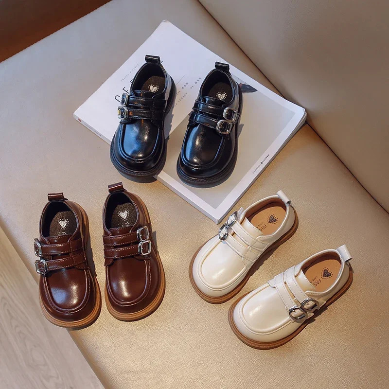 Boys Uniform School Shoes Double Buckle Simple Black Spring Soft Casual Kids Fashion Girls Child Leather Shoes Classic250828