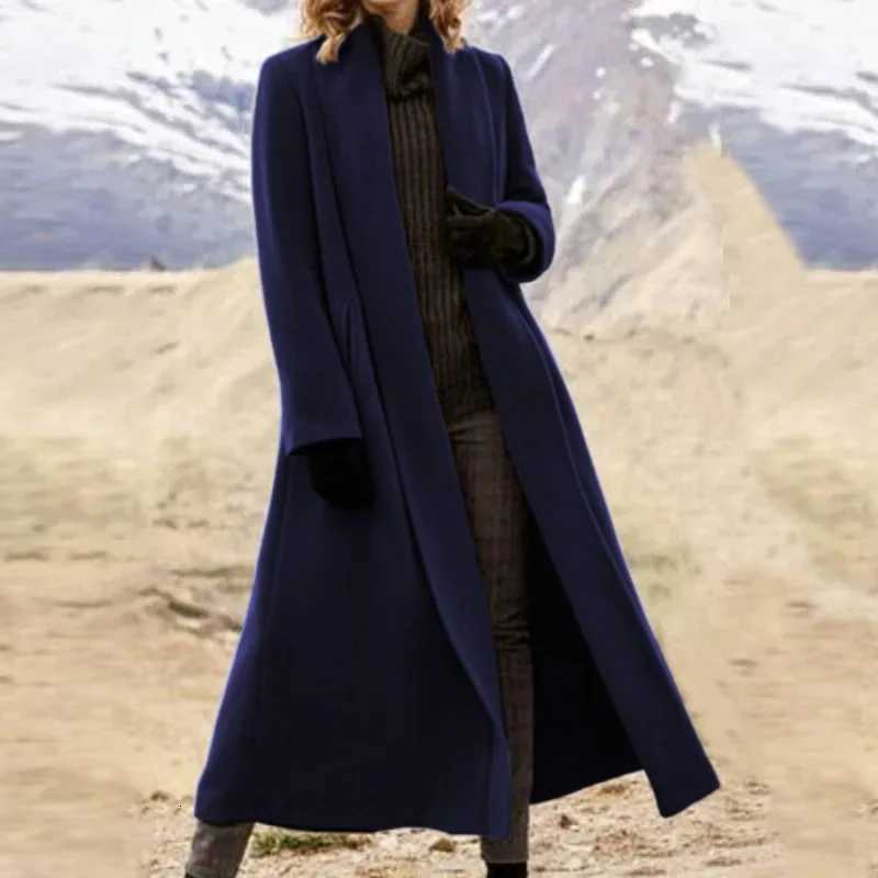 Elegant Midi Jacket for Womens Korean Version Thickened Long Strapping Jacket Large Solid Color Cardigan Woolen Coat Z250828