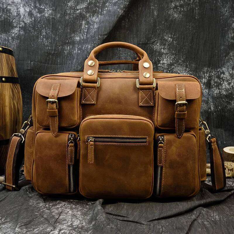 Men Vintage Crazy Horse Briefcase 15.6" Real leather Business Cow Leather Laptop Messenger Bag Big Work Tote