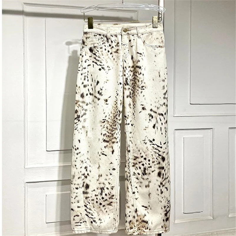 Leopard Print Straight Wide Leg Jeans Women High Waisted Retro Streetwear Y2k Vintage Pants Street Denim Trousers 250828