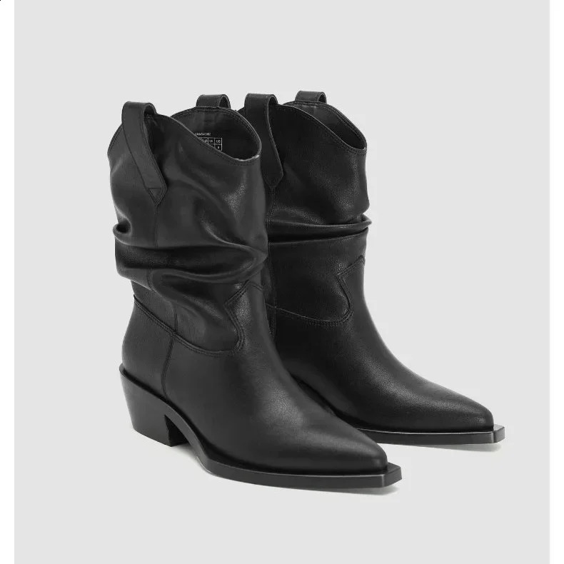 Pu Leather Chelsea Boots for Women Autumn Winter Chunky Heeled Cowboy Boots Woman Loose Tube Mid-calf Pleated Western Bootie 250821