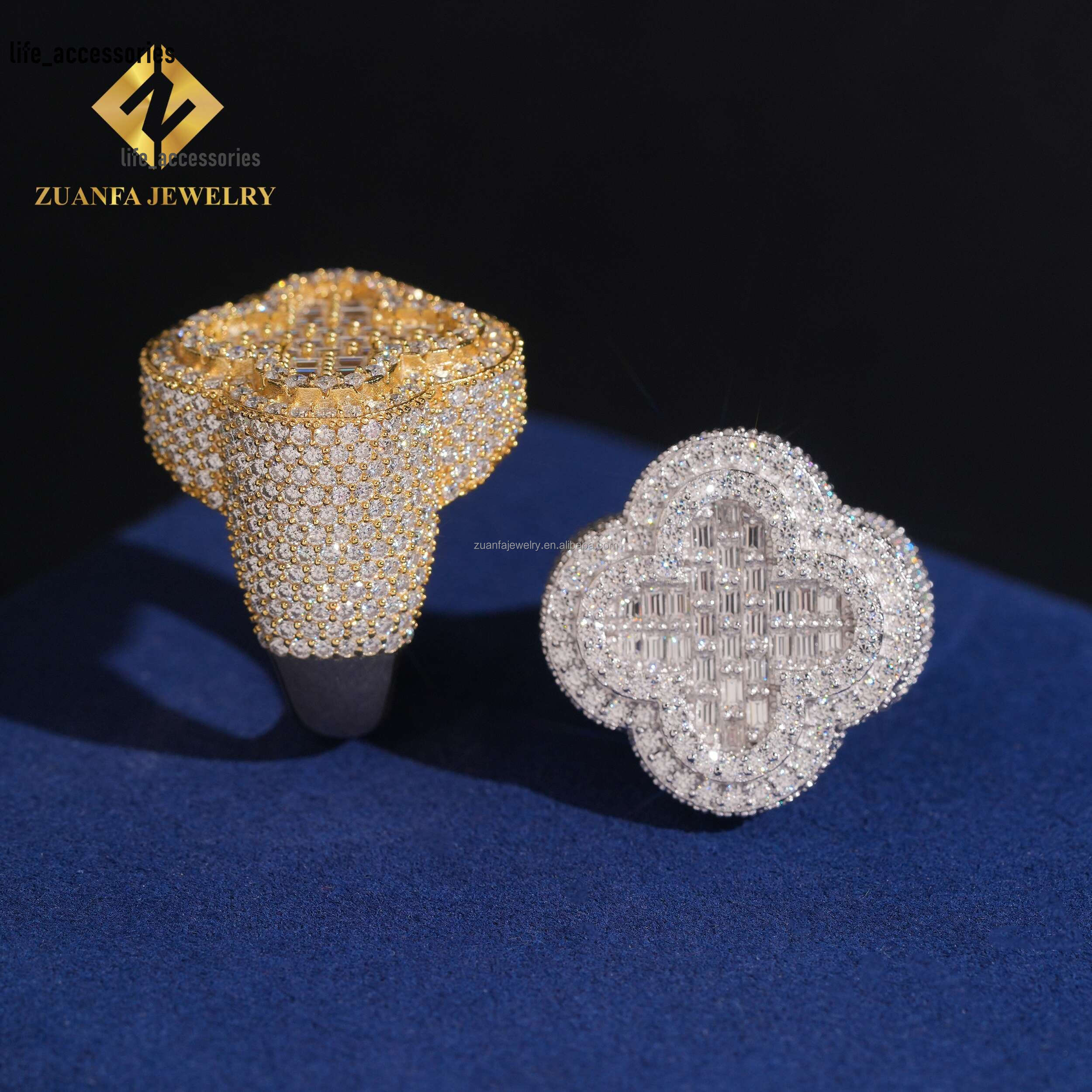 Popular Fashion Rapper 925 Solid Silver Hip Hop Luxury Iced Out Jewelry Flower VVS1 Moissanite Diamond Man Clover Ring With GRA