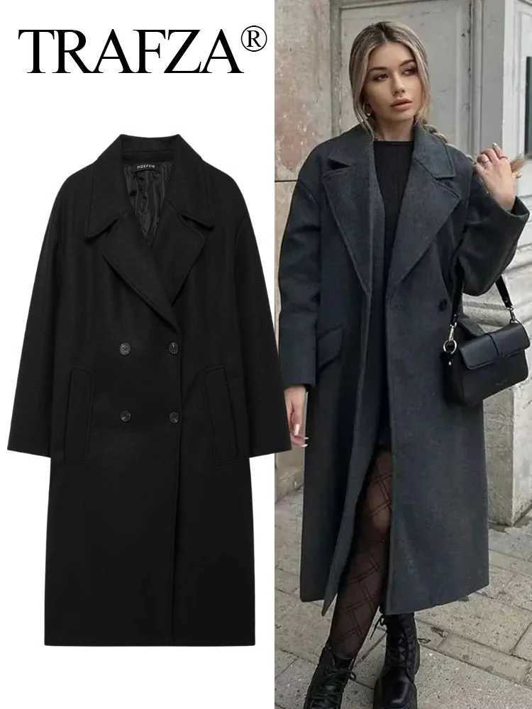 TRAFZA 2025 Vintage Womens Warm Thick Woolen Coat Solid Lapel Double Breasted Long Cardigan Female Pocket Jacket Streetwear Z250828