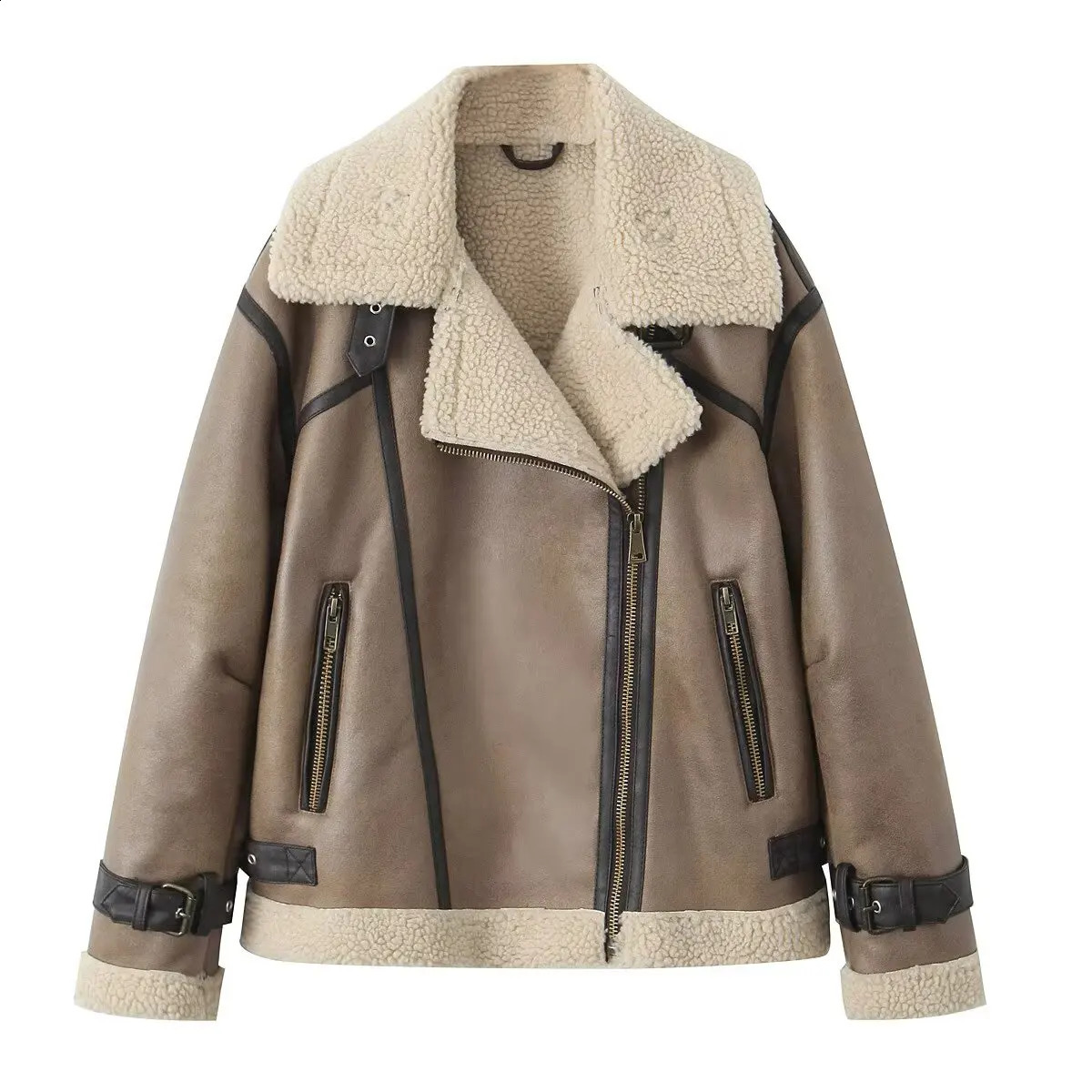 BSK TRAF autumn and winter womens clothing fleece warm stitching straps hem double-sided lapel jacket coat women 250815