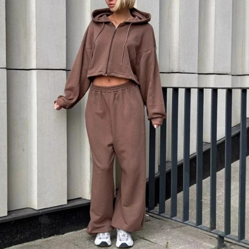 Pant Set Women Two Piece Sets Hooded Matching Sets Zipper Tops Wide Leg Long Pants Tracksuit Work Y2k Streetwear Elegant Jogger 250827