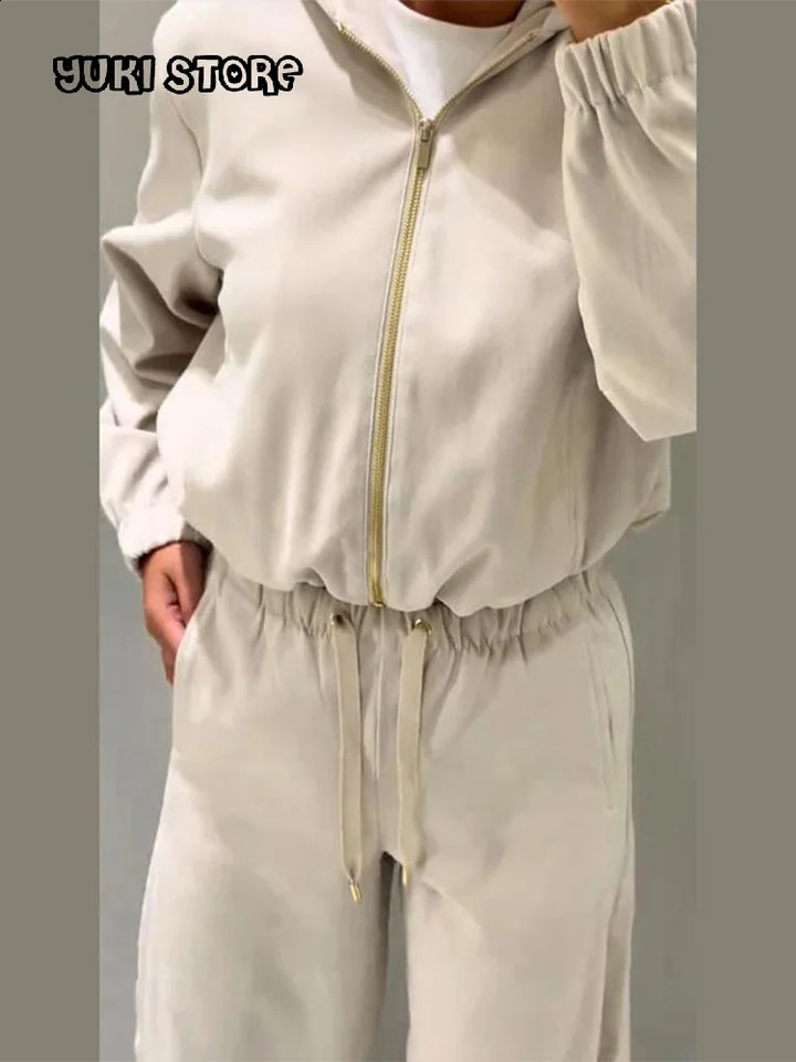 Fashion Solid Zipper Sweatshirt Pants Sets Women Hooded Long Sleeve Jacket Lace Up Wide Leg Pant Autumn Lady Tracksuit 250827