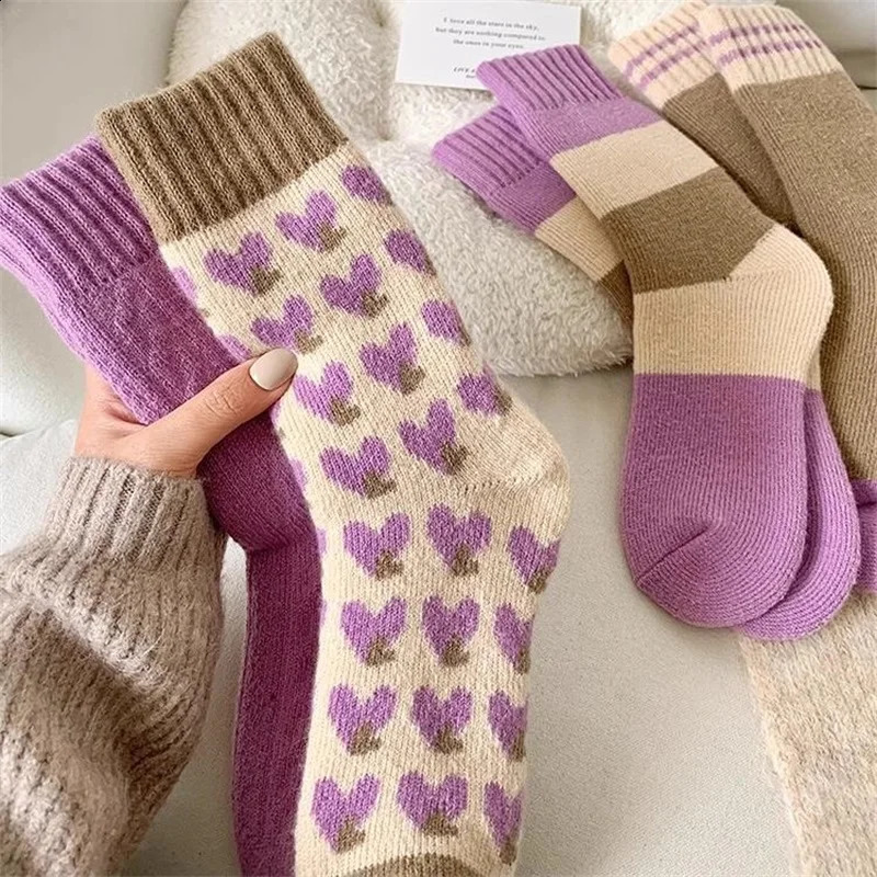 4 Pairs of Luxurious Purple Heart Knit Socks Soft Warm and Cozy for Fall and Winter Womens Fashion Socks 250827