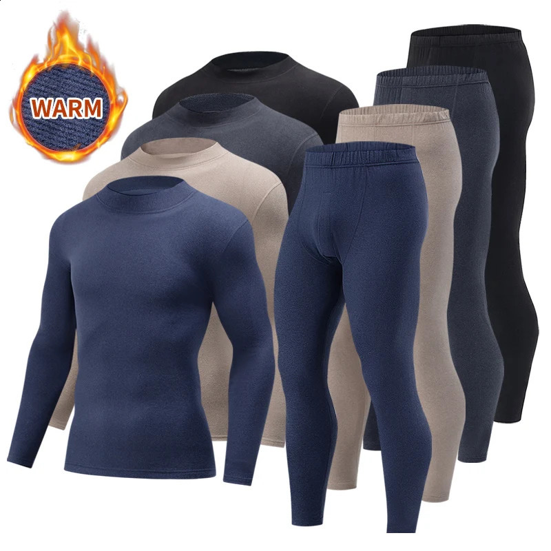 2piece Autumn And Winter Mens Mid Neck Warm Long Sleeved Pants Set Casual Plus Size Solid Color Versatile Sports Base Shirt 250827BJ