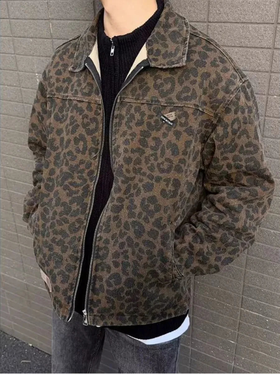 Mens Vintage Leopard Print Baseball Jacket Cleanfit Utility Coat for Spring Autumn Retro Zipper Casual Outerwear 250827