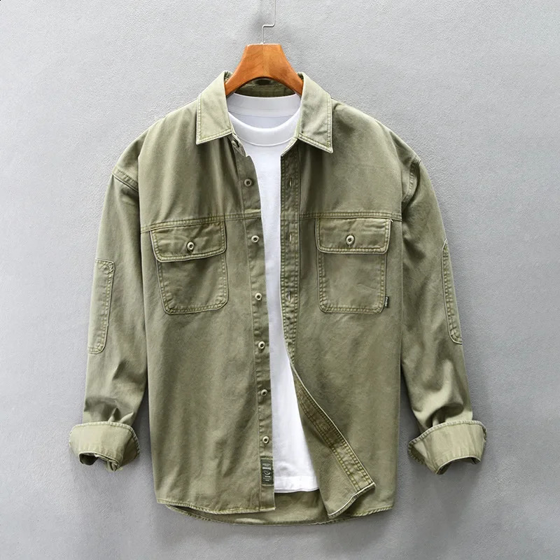Japanese Style Cargo Shirt Men Spring Fall Pure Cotton Mens Clothing Casual Double Pockets Long Sleeve Shirts Loose Overshirt 250828