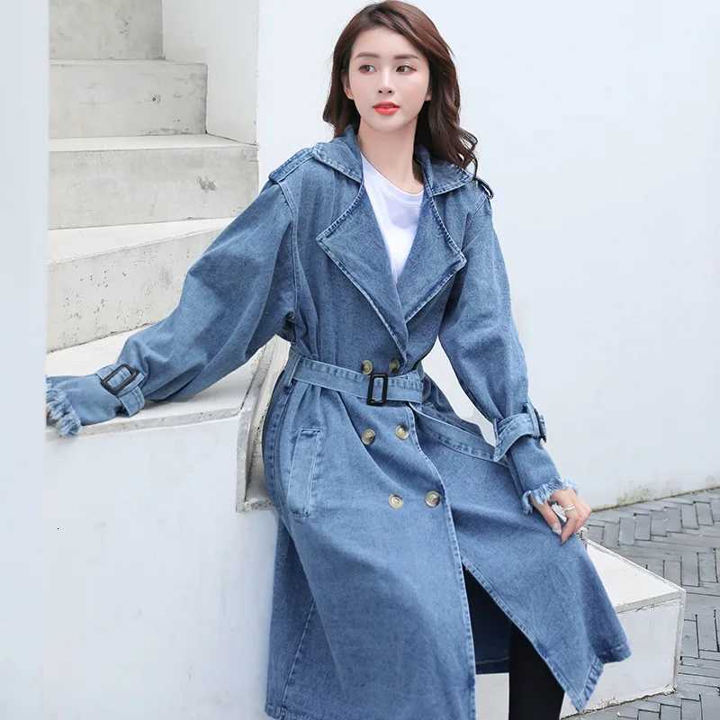 2025 Womens Denim Trench Coat Autumn Double Breasted Belted Casual Jean Overcoat Loose Long Windbreaker Jacket Couple Models Z250828