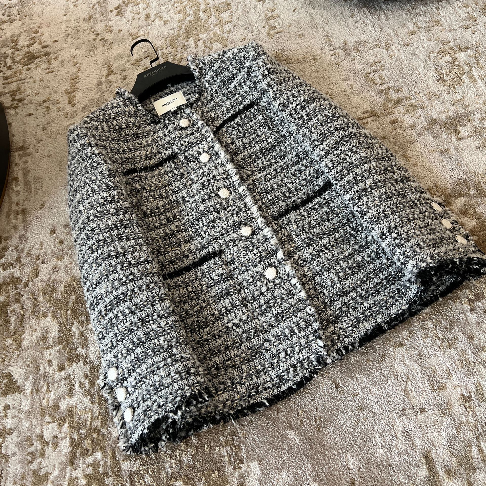 2025 Autumn Grey Contrast Color Panelled Tweed Jacket Long Sleeve Round Neck Buttons Single-Breasted Jackets Coat Short Outwear A5G271130 Check Size