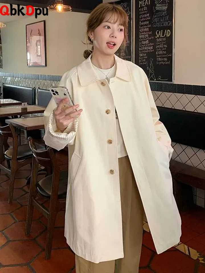 Korean Elegant Loose Trench Outerwear Women Casual Lapel Neck Single Breasted Gabardine Jackets Spring Fall Long Sleeve Coat Z250828