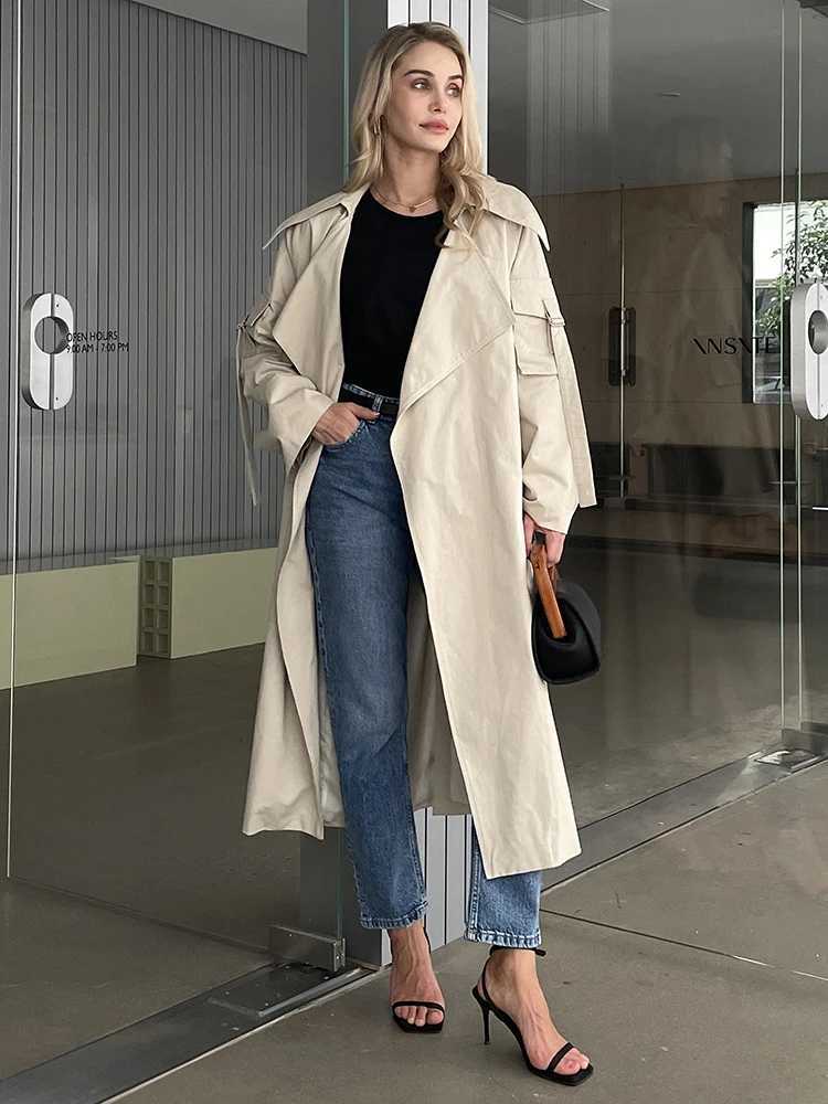 2024 Spring Fall New Korean Style Womens Oversized Cotton Long Trench Coat With Belt Casual Female Windbreaker Z250828
