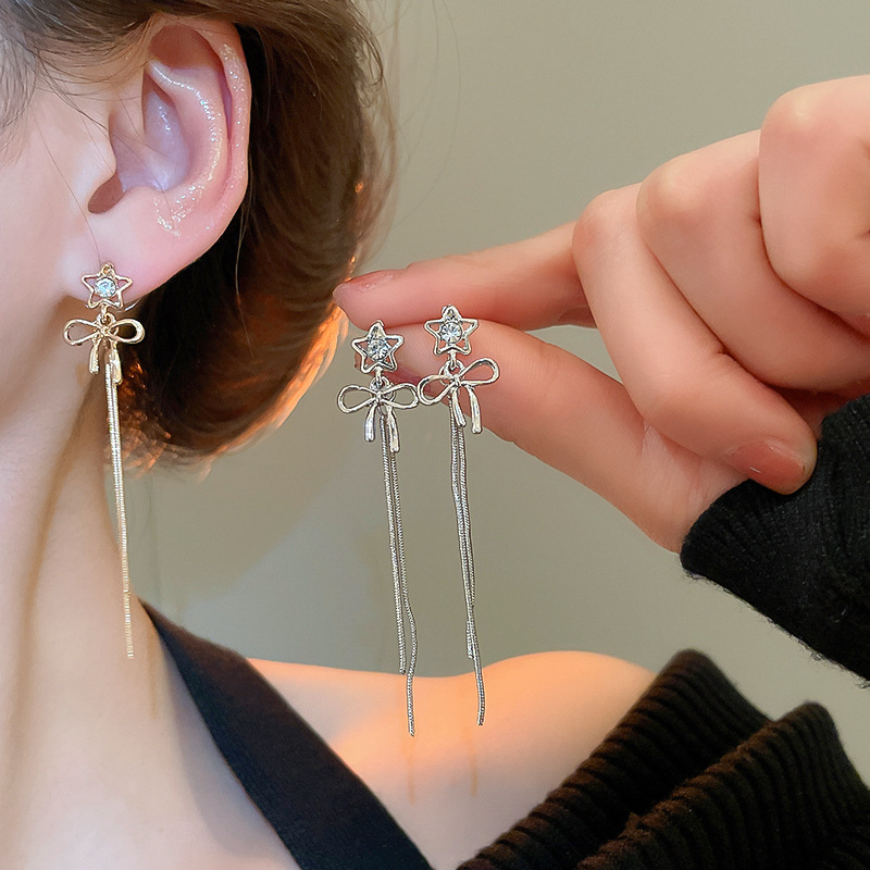 Silver - Toned Star & Bow Tassel Earrings, CZ - Accented Sparkle, Graceful Long Chains, Delicate - Dangle Style for Elegant or Party Looks, Chic Jew
