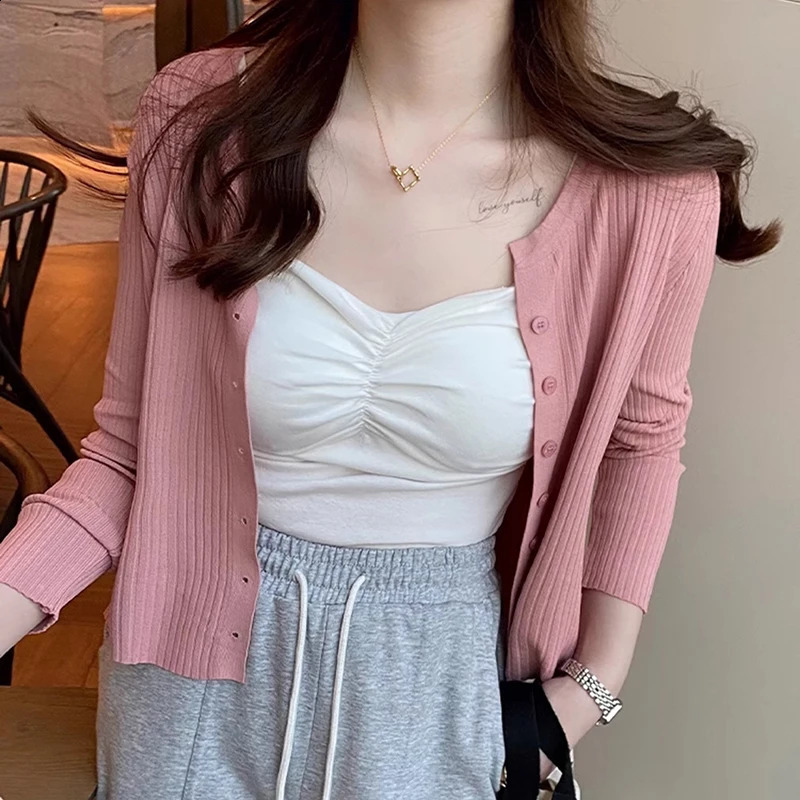 2025 Long Sleeve Cropped Cardigan Thin Knitted Outerwear Solid Spring Summer Sweaters O Neck Korean Fashion Clothing 250815