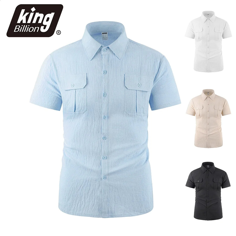 Cotton Linen Mens Shirt Double Pocket Solid Color Cargo Short Sleeve Shirts Single Breasted Simple Style Lightweight Tops 250828