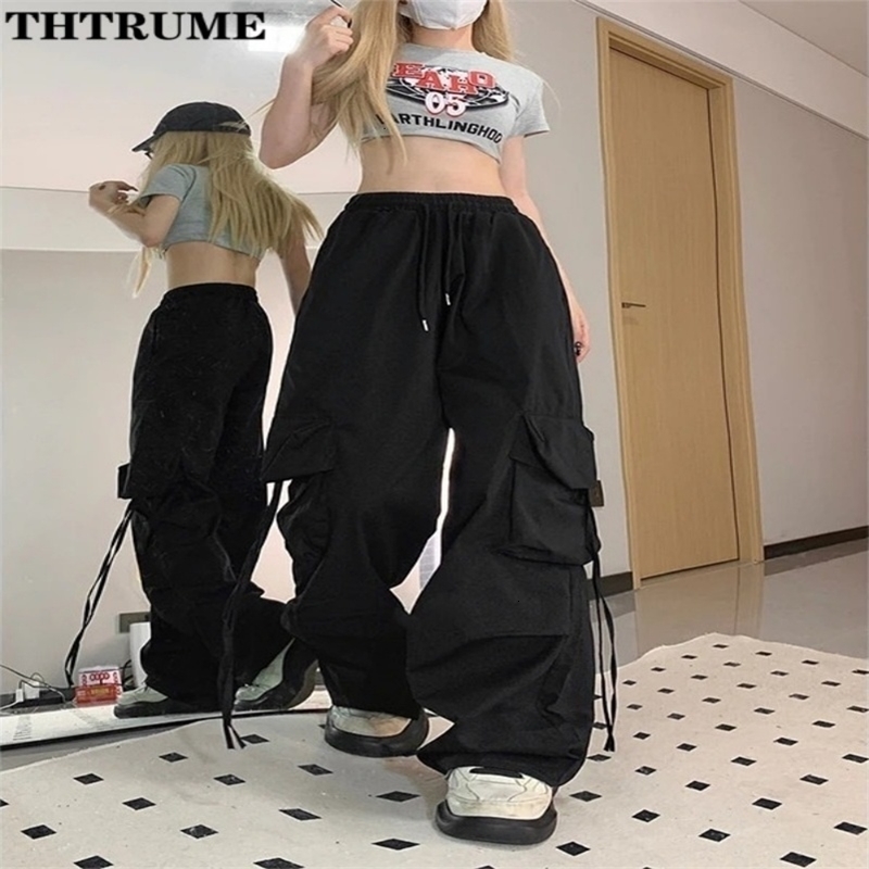 Retro Vintage High Street Baggy Pants Fashion Women Oversized Drawstring Pocket Pant Casual Streetwear Loose Jogger Trousers w250828