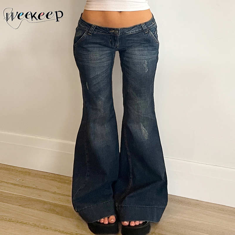 Weekeep Streetwear Low Rise Flared Jeans y2k Vintage Slimfitting Allmatch Blue Denim Pants 2000s Casual Womens Harajuku 250828