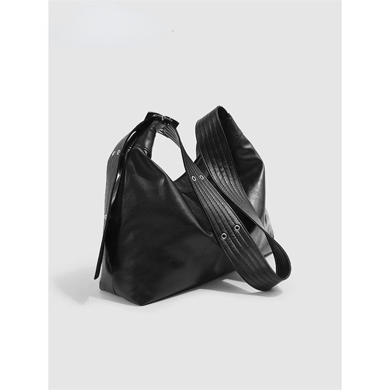 Black Trendy Korean Style Lazy Commuting Soft Leather Tote Large Capacity Versatile Shoulder Crossbody Bag for Women