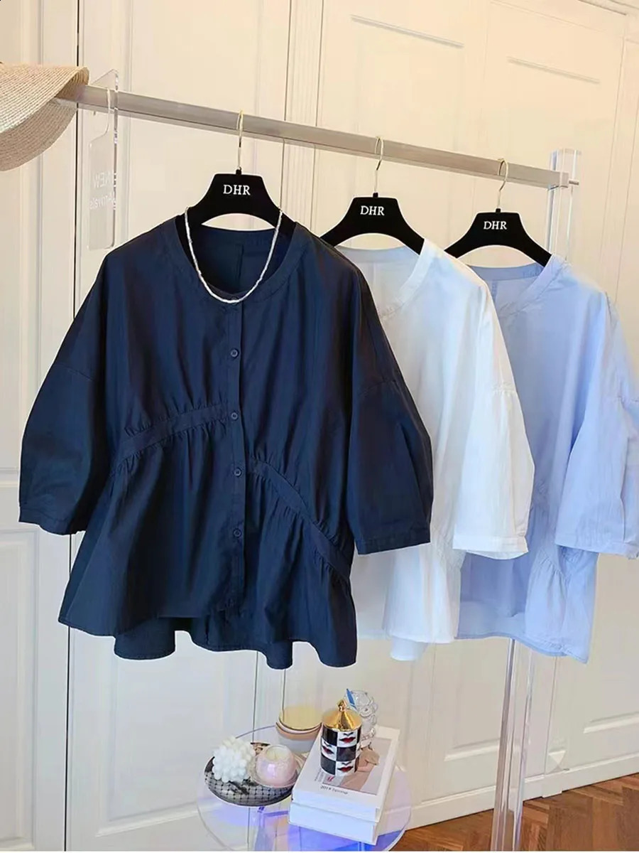 2025 Summer Casual Blouse Womens Oneck Short Sleeve Korean Fashion Solid Color Loose Button Up Ladies Tops Shirts 250828