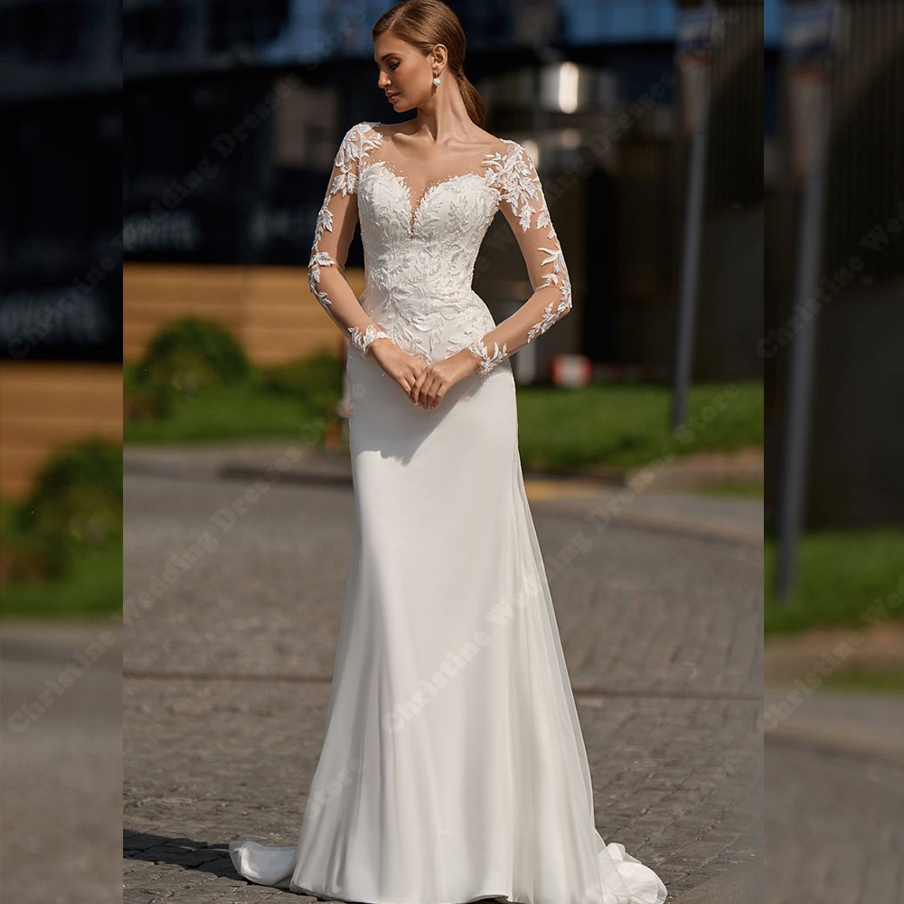 Satin A-line Wedding Dresses Lace 3D-Floral Appliques Long Sleeves Bridal Gowns Sexy Mermaid Floor Length Custom Made Color/Size