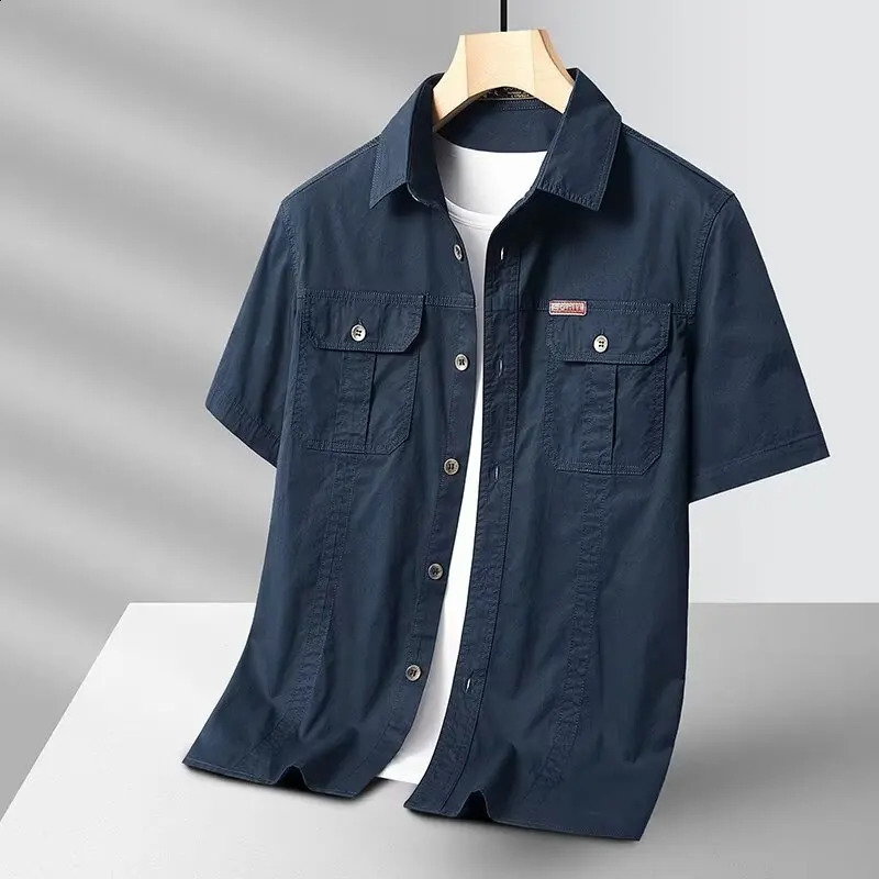 Summer Mens Short Shirt Korean Casual Oversized Navy Blue Cargo Classic Retro Men Clothing Outdoor Sports Durable Top 250828