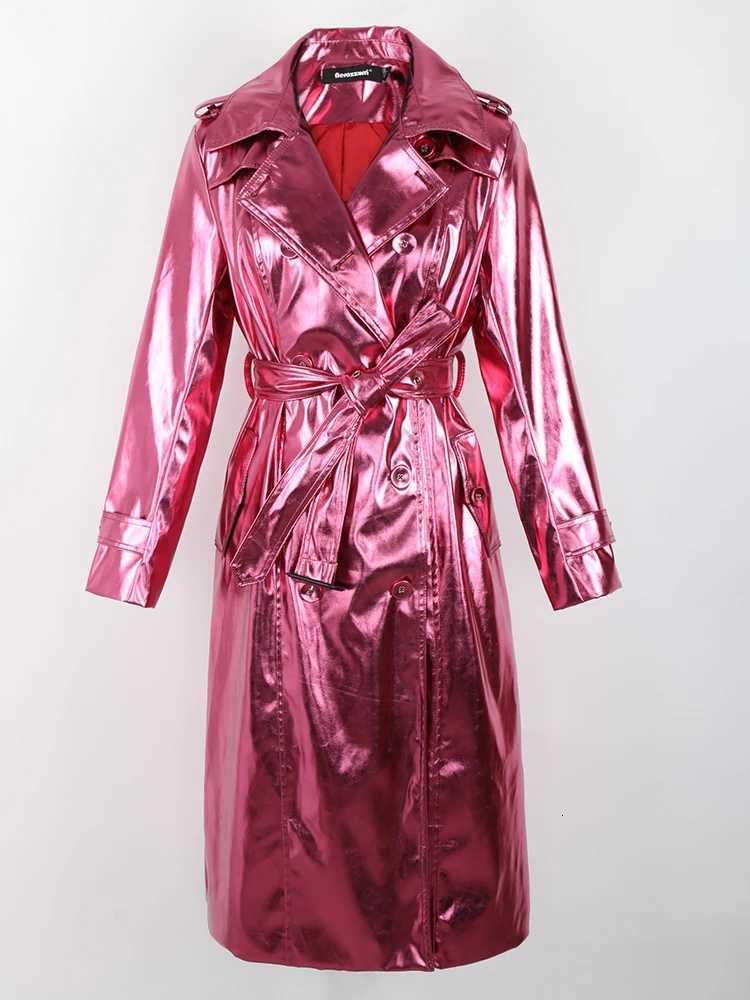 Nerazzurri Spring Autumn Long Shiny Reflective Patent Leather Trench Coat for Women with Sashes Double Breasted European Fashion 2022 Z250828