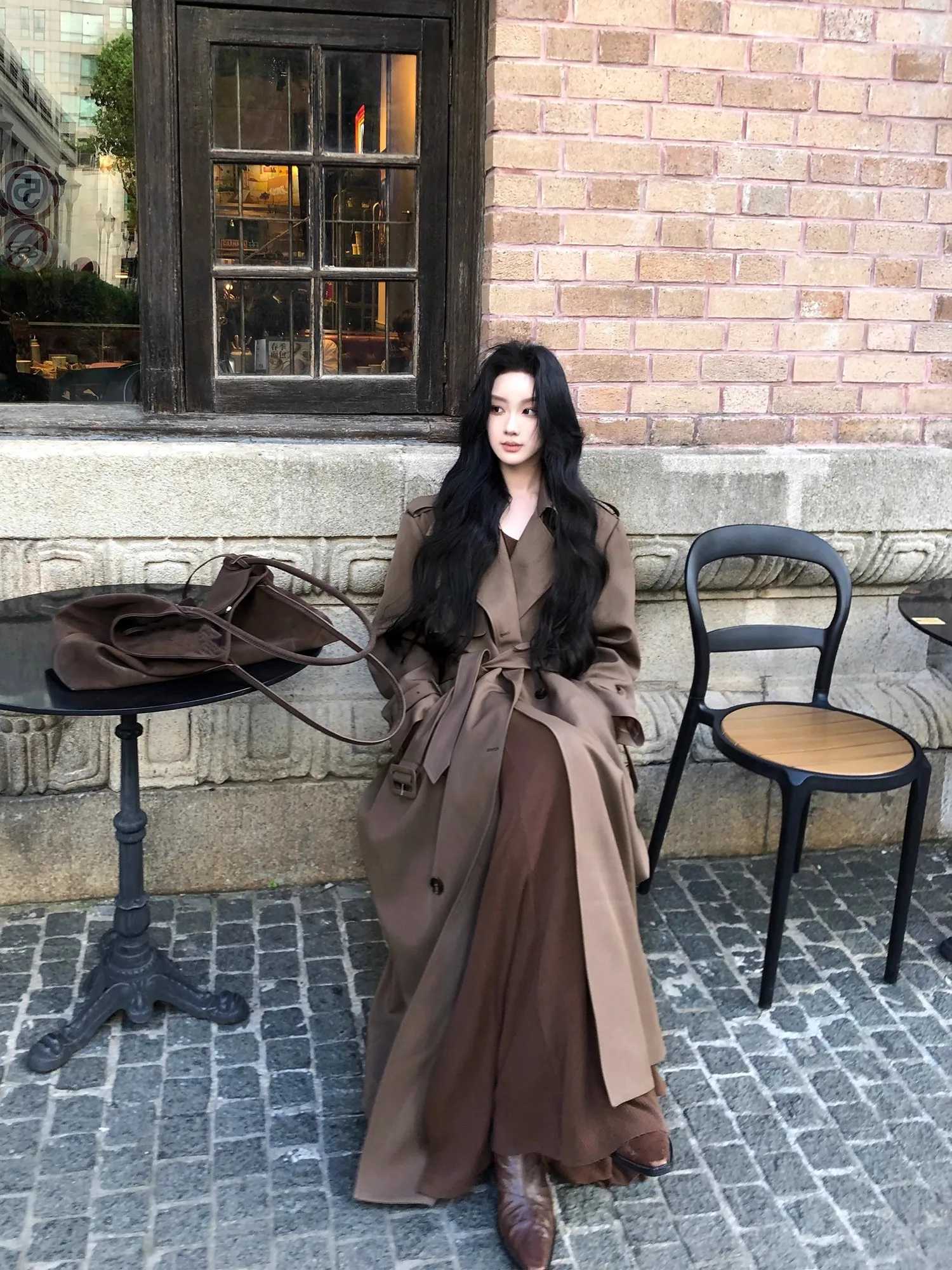 Lautaro Spring Autumn Long Flowy Coffee Trench Coat for Women Belt Double Breasted Loose Casual Overcoat Korean Clothes 2025 Z250828